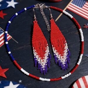 Handmade Red, White & Blue Beaded Necklace and Fringe Earrings Set
